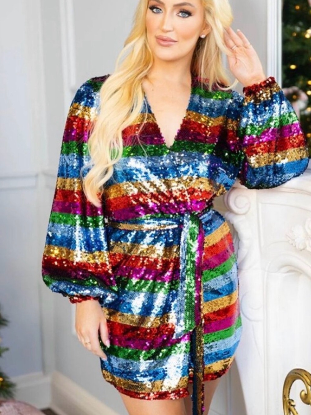NWT Buddy Love Adeline Rainbow Stripe Sequin Mini Wrap Dress Sz L